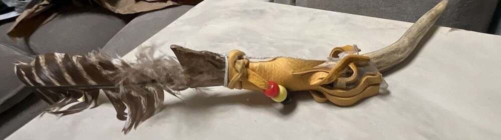 Antler Wand With Owl feather and Banded Golden Healer Quartz - ,